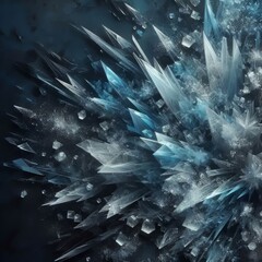 Abstract glass shards in icy blue and clear scattered over a dar