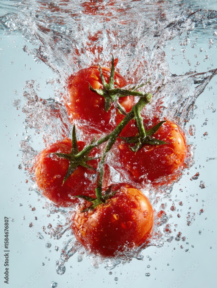 Poster high-speed tomato splash creating dynamic water droplets in clean bottom layout