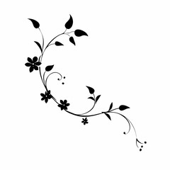 Elegant black floral swirl design with leaves and flowers isolated on white background