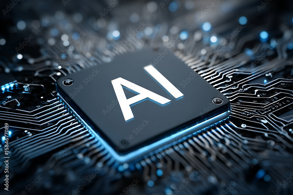 Poster exploration of artificial intelligence on a circuit board with glowing features