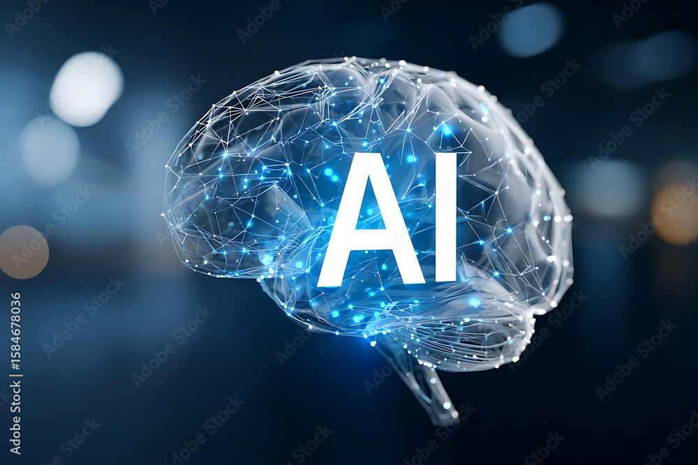 Poster digital brain visualization illustrating artificial intelligence concepts in a modern environment