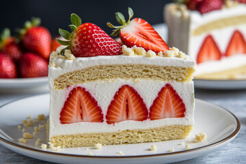 Slice of tasty strawberry fruit shortcake on white plate