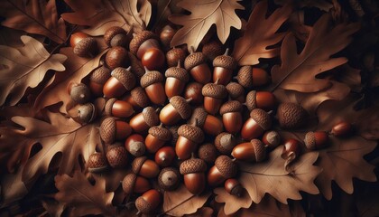 Acorns and Oak Leaves A close up of glossy brown acorns scattere