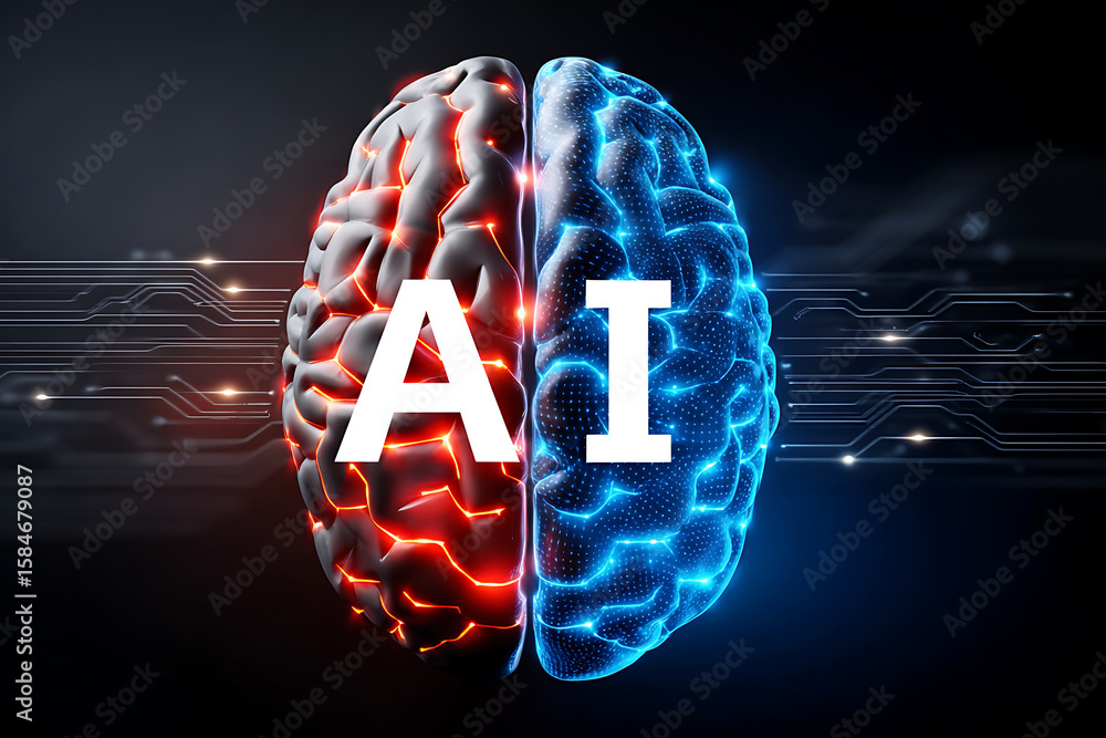 Poster artificial intelligence representation with a split brain design showcasing technology and creativit