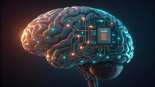 A digital brain with glowing circuits and a central processing unit on a dark background image - Powered by Adobe