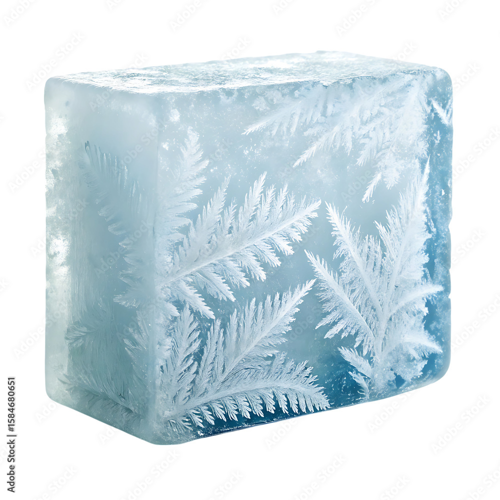 Aufkleber close up of a clear ice block with intricate frost patterns isolated on transparent background