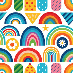 Rainbow vector geometric seamless patterns collection. Set of bright colorful backgrounds with modern minimal labels. Cute abstract geometrical textures. Simple pattern design for babies, kids, decor