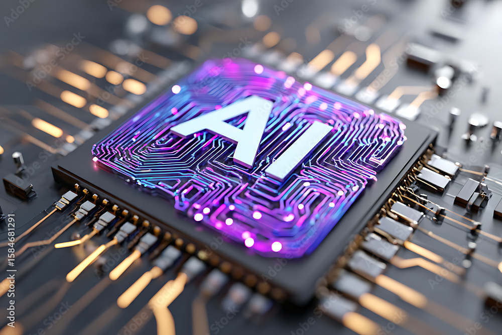 Poster artificial intelligence chip with intricate circuit design showcasing modern technology