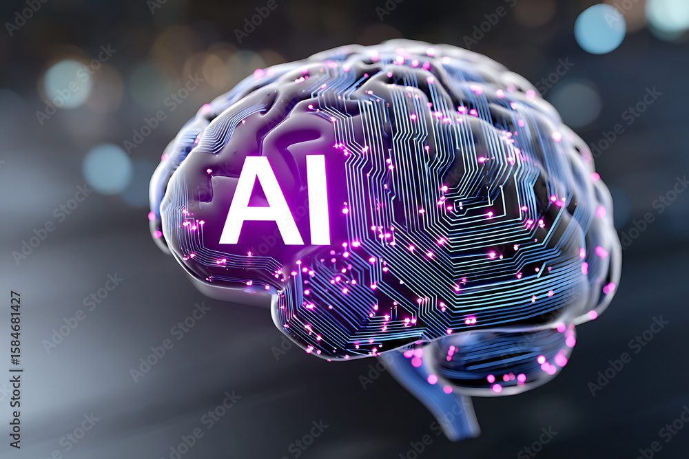 Poster digital representation of a brain with artificial intelligence circuitry and glowing elements at nig