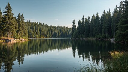 Serene lake surrounded by a dense forest.