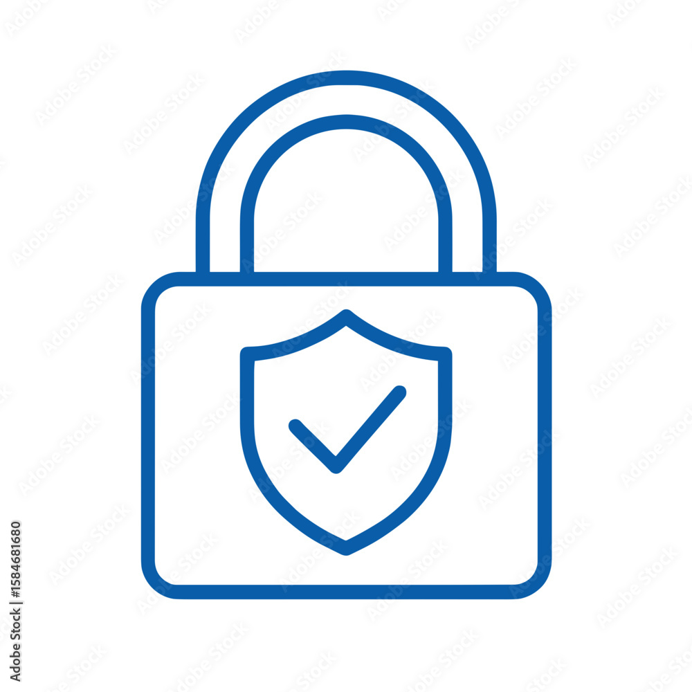 Poster lock icon with shield and check mark in blue outline design