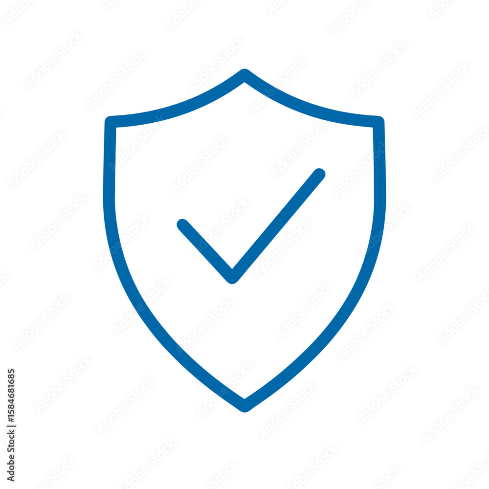 Poster blue shield icon with check mark symbolizing security and protection
