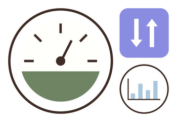 Speedometer with measuring needle, bar graph, and up-down arrows showcasing growth, speed analysis, goals, decision-making, monitoring, improvement and success. Ideal for analytics efficiency