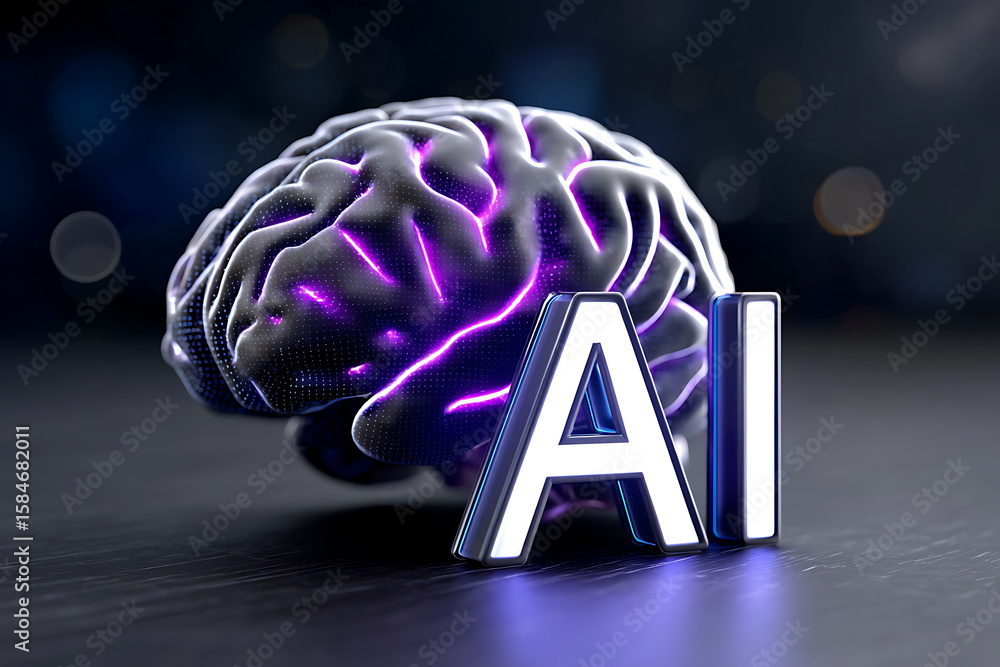 Poster visual representation of artificial intelligence with a brain and illuminated letters at a technolog