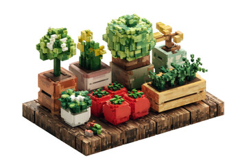 Pixel Art Container Garden Diorama with Various Plants Tomatoes on a Wooden Surface