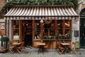 Charming European corner coffee shop with striped awning, arched windows, vintage tables, and afternoon sunlight.