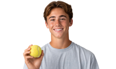Cheerful young man smiling while holding a tennis ball, conveying a love for sport isolated on transparent background