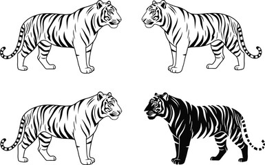 Obraz premium Two pairs of stylized tigers facing each other in black and white