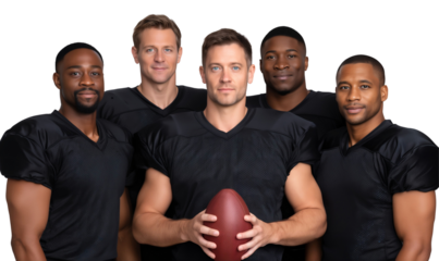 Strong and diverse football team, showcasing teamwork and ready for the game, isolated on transparent background