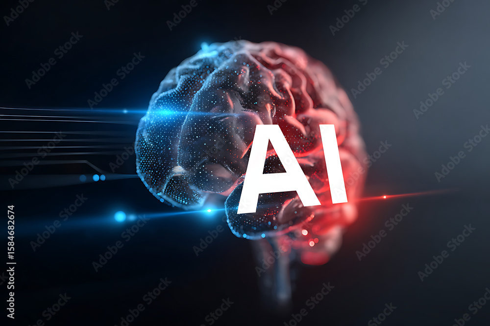 Poster artificial intelligence concept featuring a digital brain with ai text, illuminated against a dark b
