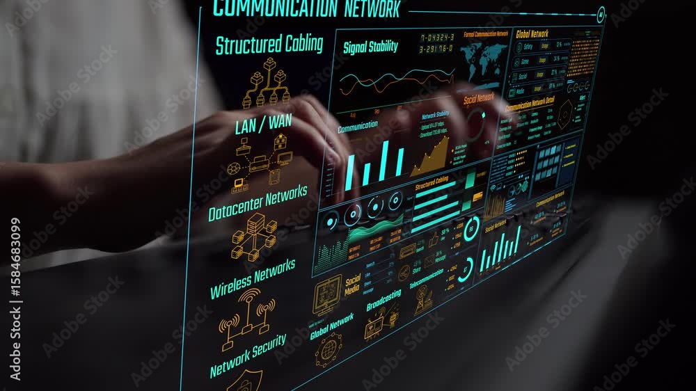 Poster data center monitoring dashboard visualize network performance, connection status, usage rate, and t