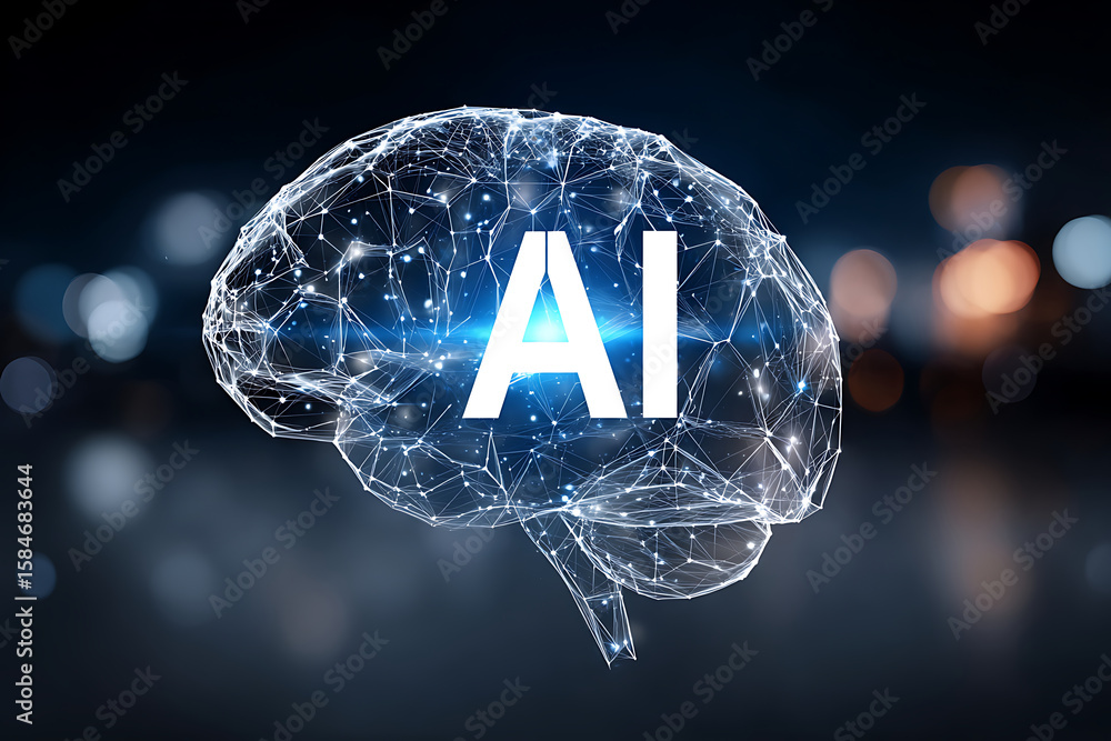 Poster exploration of artificial intelligence represented by a digital brain with glowing connections again