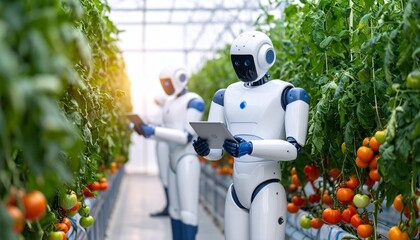 AI artificial intelligence automated robots working in high-tech greenhouses farming tomatoes and herbs