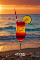 Colourful layered tropical summer cocktail with lime and straw on beach at sunset, perfect for wallpaper or social media post template.
