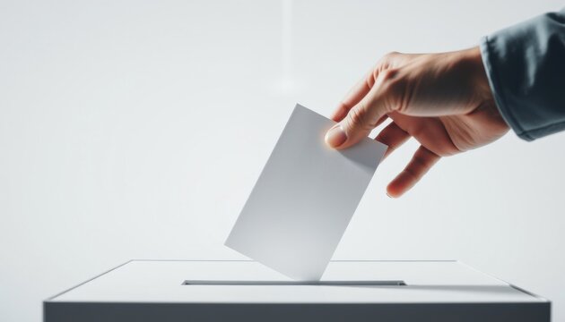 Photorealistic image of a human hand lowering a pristine white sheet of ballot into a wooden ballot box. The ballot box is classic in design, with a slot on top and a small, barely visible padlock.