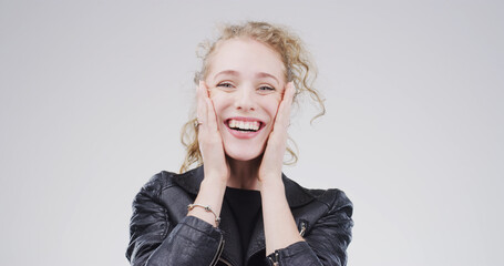 Portrait, surprise and woman in studio, smile and announcement on white background. Happy person,...