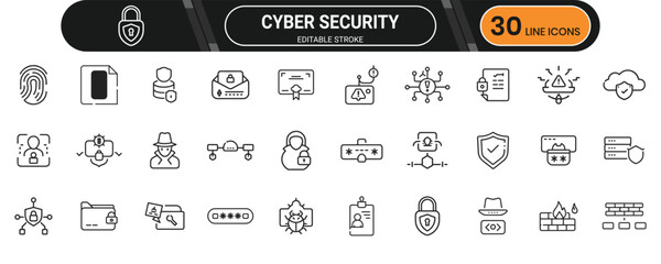 Cyber security icon set in line format with protection, password, encryption, firewall, threat detection, and safe digital access