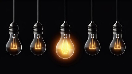 Five illuminated light bulbs hanging against a black background radiating a warm glow, representing creativity and ideas. - Powered by Adobe