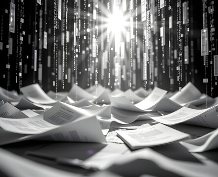 Abstract representation of chaotic documents surrounded by an array of binary code in a digital atmosphere with light beams penetrating through darkness - Powered by Adobe