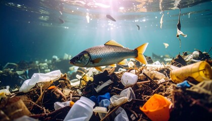 Fish in a Polluted River with Plastic Waste

