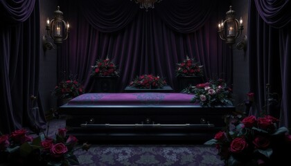 Victorian funeral hall, closed dark purple coffin, heavy velvet drapes, intricate floral arrangements, somber and dramatic atmosphere