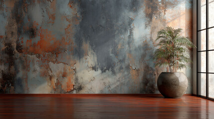 Rustic Textured Wall with Potted Plant in Natural Light Interior