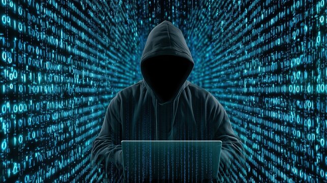 Mysterious Hacker in Dark Hoodie Working with Laptop Surrounded by Code