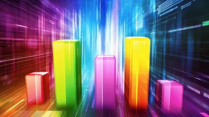 Abstract digital data visualization of colorful bar graphs in futuristic grid data center. Bright neon highlights emphasize the concept of data analysis and information. - Powered by Adobe