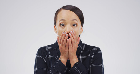 Wow, shock and portrait of woman in studio with bad news, announcement and omg. Face expression,...