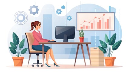 Fototapeta premium Woman working at desk with computer and financial chart