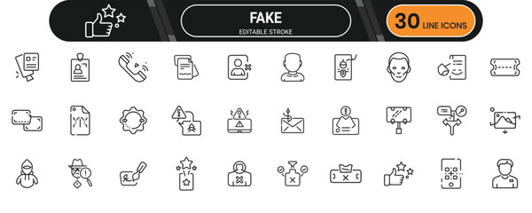 Fake line icon set showing fraud detection, false information, verification alerts, and identity scam visuals for awareness tools
