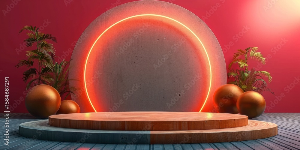 Poster geometric platform with neon circle: a visually striking composition of a round wooden platform, ele
