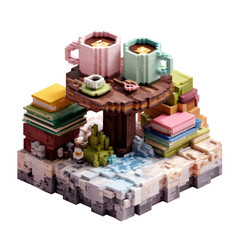 Voxel Art Cafe Table Diorama with Mugs Books and Water Feature Transparent Background