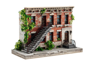 Weathered Red Brick Building Diorama with Vine Overgrowth on Transparent Background