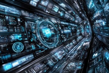 Futuristic digital interface displays complex data in a tunnel-like structure.