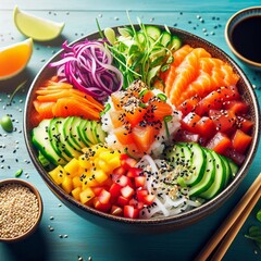 Colorful Poke Bowl Rice fish veggies sesame seeds K bright and f