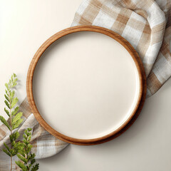 White Plate With Wooden Rim And Gingham Cloth checkered cloth 1