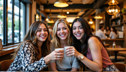 Three young women smiling happily while holding coffee cups in cozy cafe with warm lighting and wooden interior