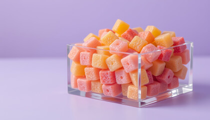 Colorful soft candy cubes in clear acrylic box on purple surface, creating vibrant and cheerful sweet treat display
