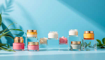 Skincare cream jars with colorful lotion arranged on clear acrylic blocks with green leaves and soft natural light on blue background
